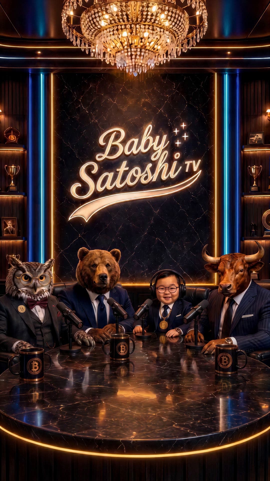 The Baby Satoshi TV studio: Professor Owlins the owl, Eli the bear, Baby Satoshi and Bobby the bull at a black marble round table under trophy shelves and a glowing gold neon sign.