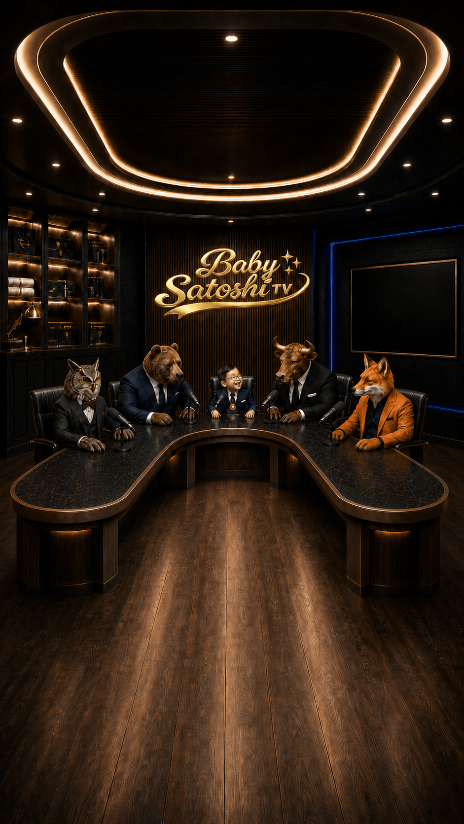 The Baby Satoshi TV studio: Professor Owlins the owl, Eli the bear, Baby Satoshi and Bobby the bull at a black marble round table under trophy shelves and a glowing gold neon sign.